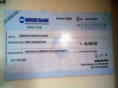 WOORI Bank, Gulshan Branch of Bangladesh. donated Tk. 40,000/- for Blind Children Hostel - 2019
